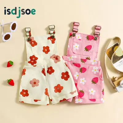 Little Girl Denim Overalls Flower/Strawberry Print Jeans Overalls Strap Suspender Shorts Outfit