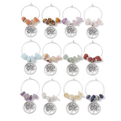 12Pcs Flat Round with Tree of Life Alloy Pendants Wine Glass Charms Sets