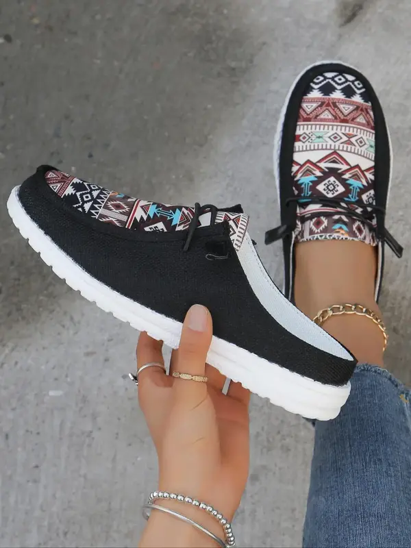 Women's Ethnic Pattern Slip on Low Top Sneakers, Casual Comfortable Lightweight Slip on Shoes, All-match Commuter Shoes for W...