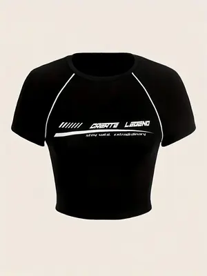 Women's Letter Print Raglan Sleeve Crop Tee, Casual Short Sleeve Round Neck T-shirt, 90s Minimalism Graphic Tees, Summer Top...