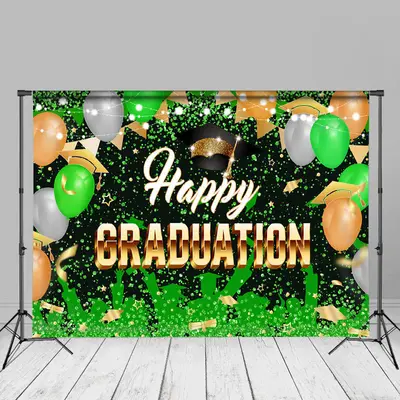 Green Balloon Hat Flag Happy Grad Photo Backdrop - Aperturee
