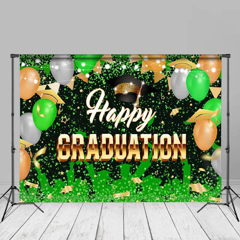 Green Balloon Hat Flag Happy Grad Photo Backdrop - Aperturee