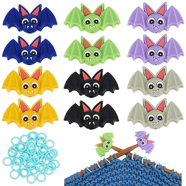 12Pcs 6 Colors Bat Halloween Theme Silicone Focal Beads with 50Pcs Plastic Knitting Stitch Marker Rings