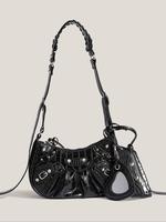 Women's Punk Style Embossed Shoulder Bag, Gifts for Wife, Fashionable Heart Decor Underarm Pu Leather Bag with Heart Bag Char...