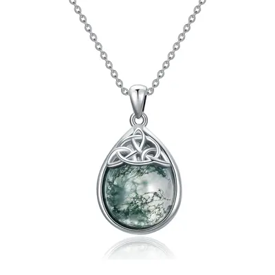 Sterling Silver Teardrop/Pear-shaped Moss Agate Celtic Knot Pendant Necklace