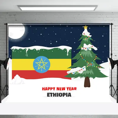 Aperturee Snowy Night Ethiopia Flag Happy New Year Backdrop - Aperturee
