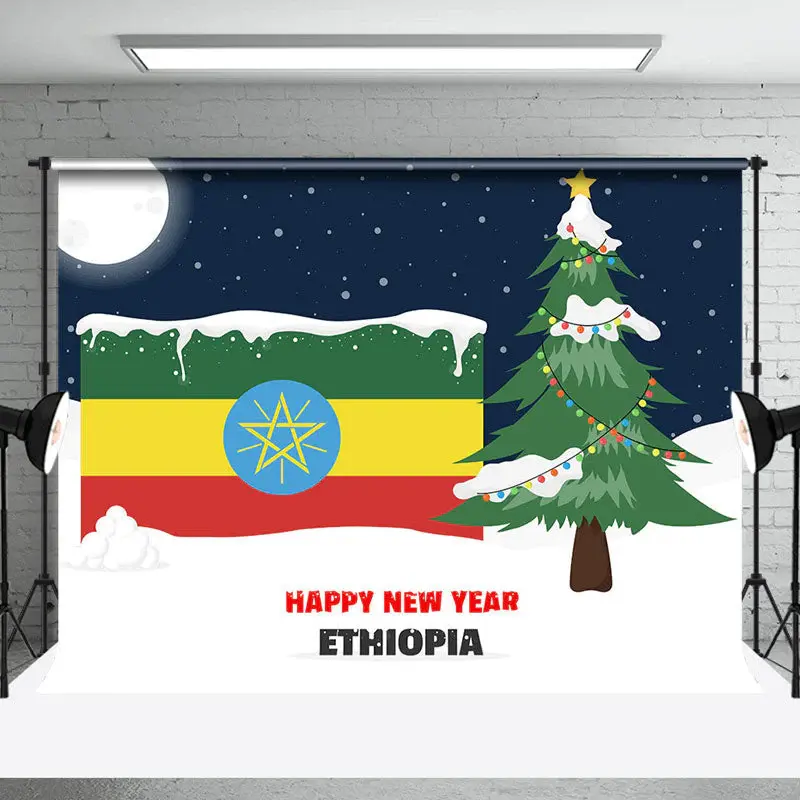 Aperturee Snowy Night Ethiopia Flag Happy New Year Backdrop - Aperturee