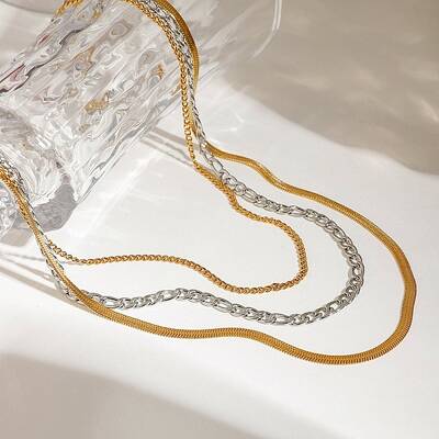 304 Stainless Steel Flat Snake Chain Figaro Chain Twisted Chain 3 Layer Necklaces for Women