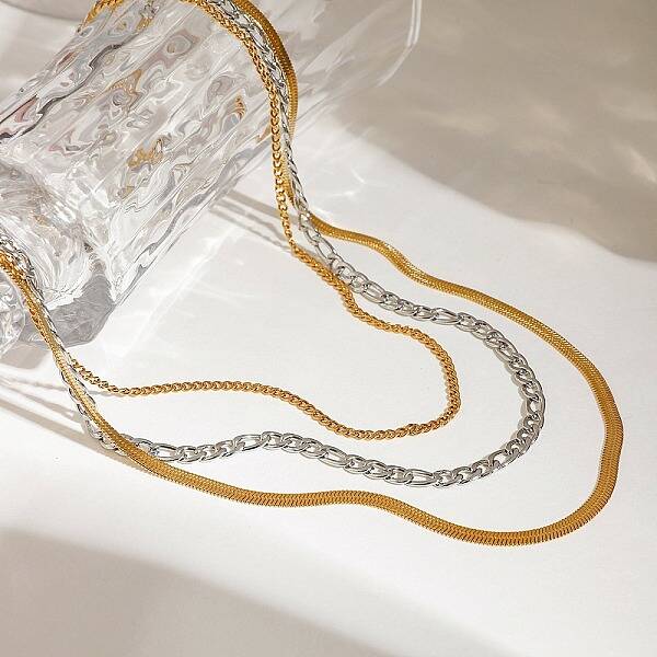 304 Stainless Steel Flat Snake Chain Figaro Chain Twisted Chain 3 Layer Necklaces for Women