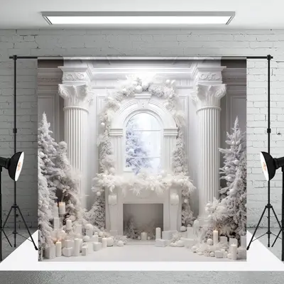 Luxury White Candle Christmas Winter Photo Backdrop - Aperturee