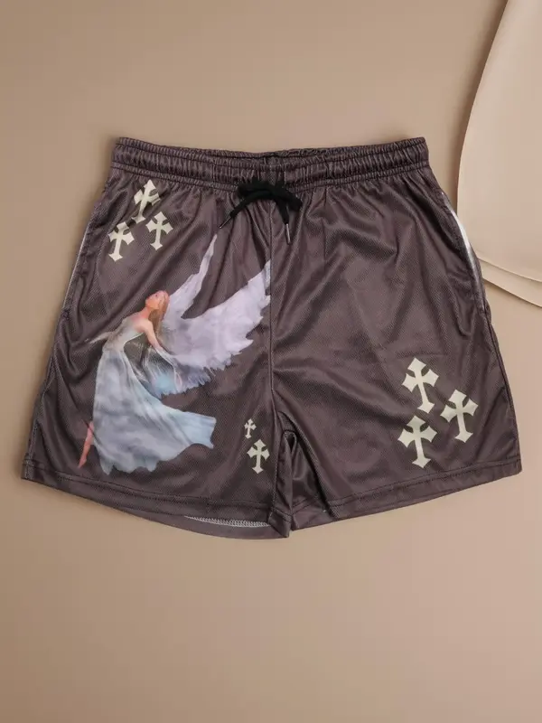 Men's Regular Fit Angel & Cross Print Drawstring Waist Athletic Sports Shorts, Gym Shorts, Casual Pocket Elastic Waist Track ...
