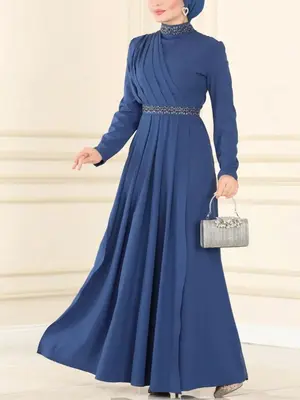 Women's Rhinestone Decor Belted Pleated A Line Dress, Elegant Mock Neck Long Sleeve Maxi Dress for Party Wedding Guest, Ladie...