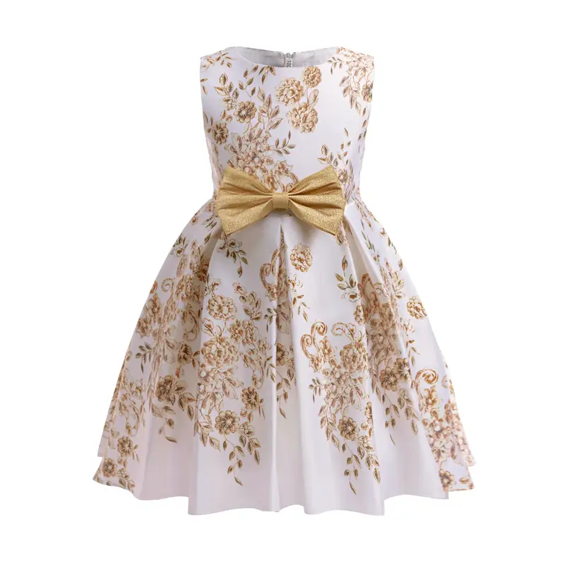 Sleeveless Princess Dress Toddler girl Gold Dress For 2-10Y Girls Floral Print Crew Neck Front Bow Dress For Party Performanc...
