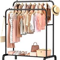 Clothes Rail Metal Double Pole Garment Rack Multifunctional Clothes Racks with Shelves Hanging Clothes, Suitable Home Bedroom