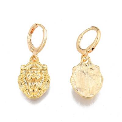 Brass Lion Dangle Leverback Earrings for Women