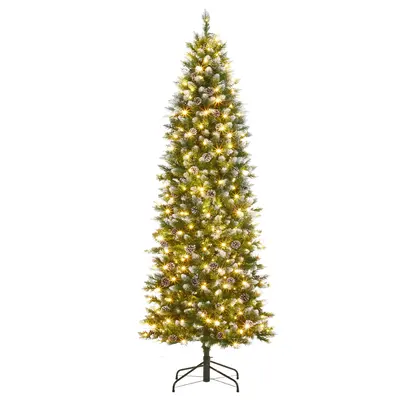 Garvee 12ft Large Pre-Lit Pencil Christmas Tree, Artificial Hinged Xmas Tree with Snow Flocked Tips, Warm-White LED Lights an...