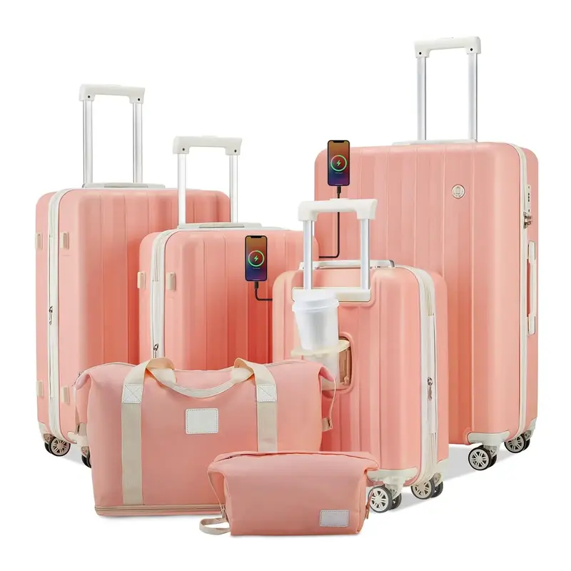 【Fast Delivered】6 Pieces Luggage Set, Expandable Hardshell Durable Suitcase with USB Port, Cup Holder, TSA Lock and Silen...