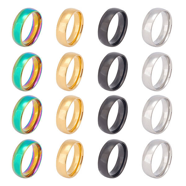 16Pcs 4 Colors 201 Stainless Steel Plain Band Finger Ring for Women