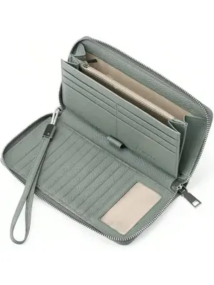 Genuine Leather Women's Elegant Solid Color Long Wallet Rfid Blocking Long Wallet, Casual Plain Zipper Large Capacity Long Wa...