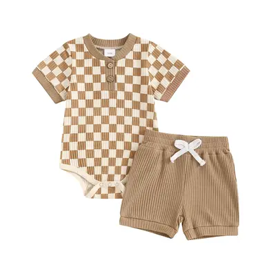 Newborn Baby Boys Summer Bodysuit Outfit Checkerboard Short Sleeve Romper Set Elastic Waist Drawstring Shorts 2Pcs Clothes Se...