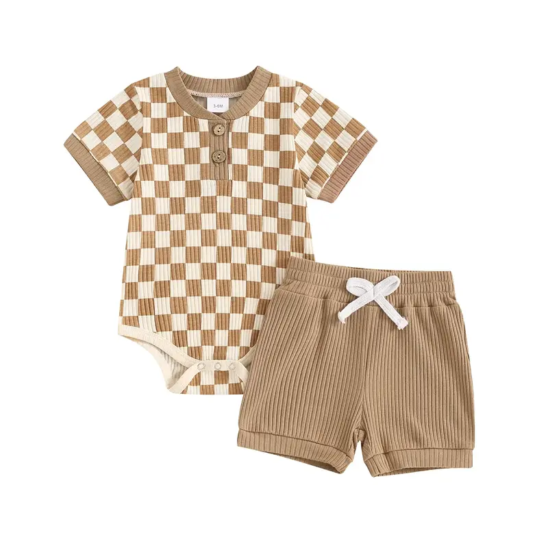 Newborn Baby Boys Summer Bodysuit Outfit Checkerboard Short Sleeve Romper Set Elastic Waist Drawstring Shorts 2Pcs Clothes Se...