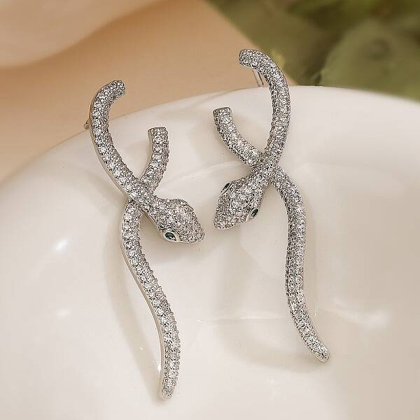 Snake Brass Cubic Zirconia Dangle Stud Earrings for Women