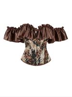 Women's Floral Patchwork Print Off Shoulder Ruffled Corset Bustier Shapewear Top, Lady Retro Fashionable Ruffle Boned Corset ...