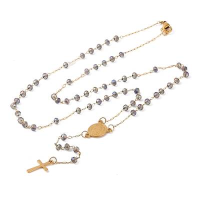 Ion Plating(IP) Crucifix Cross 304 Stainless Steel Rosary Bead Necklaces