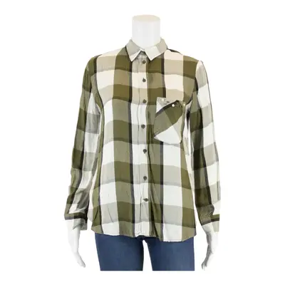 ZARA BASIC Pearl Embellishment Green Check Long Sleeve Button-Up Womens XS