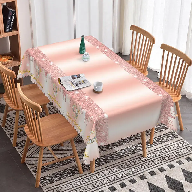Aperturee Pink Glitter Pattern 9th Birthday Rectangle Tablecloth, 52x70 Inch, 30.82 USD, rectangle tablecloths, ZJY04647-A
