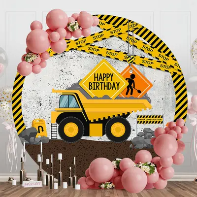 Round Under Construction Happy Birthday Backdrop