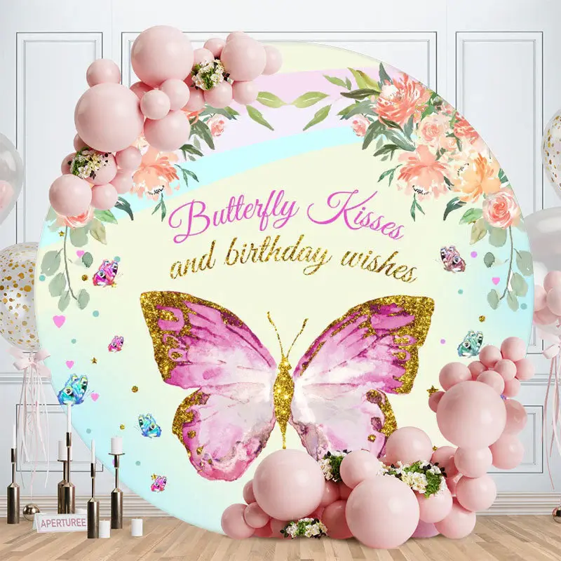 Aperturee Pink Floral And Butterfly Round Happy Birthday Backdrop
