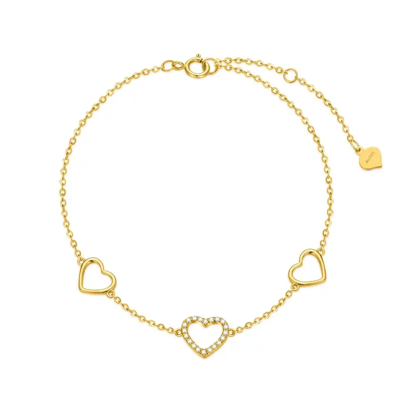 14K Gold Cubic Zirconia Heart Charm Bracelet