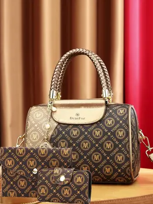 Women's Fashionable Geometric Pattern Boston Bag & Pouch Bag & Wallet, Casual Versatile Bag Set for Daily Used, Trendy High-q...