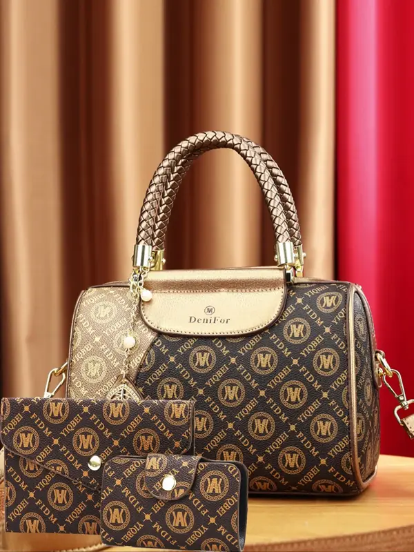 Women's Fashionable Geometric Pattern Boston Bag & Pouch Bag & Wallet, Casual Versatile Bag Set for Daily Used, Trendy High-q...
