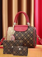 Women's Fashionable Geometric Pattern Boston Bag & Pouch Bag & Wallet, Casual Versatile Bag Set for Daily Used, Trendy High-q...