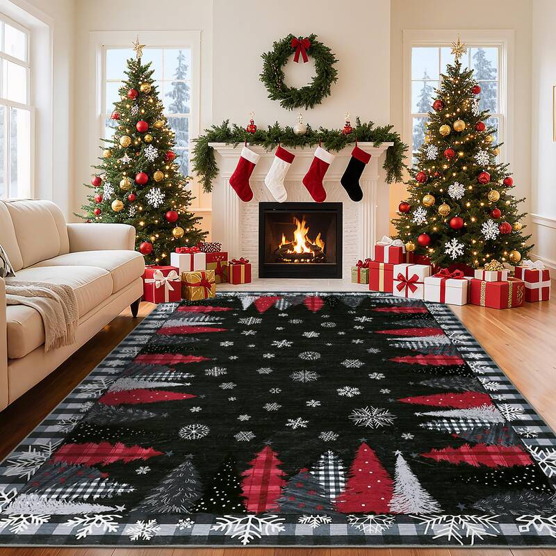 Garvee Christmas Tree Pattern Black 9x12  Rug - Washable Non-Slip & Stain Resistant Low Pile for Hallway, Entryway & Festive ...