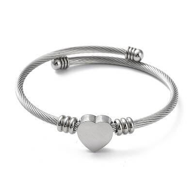 Tarnish Resistant 304 Stainless Steel Cuff Bangle with 201 Stainless Steel Heart Beaded