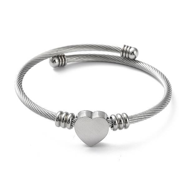 Tarnish Resistant 304 Stainless Steel Cuff Bangle with 201 Stainless Steel Heart Beaded