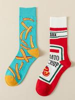 Women's Asymmetrical Colorblock Ketchup French Fries Pattern Ab Crew Socks, 1 Pair Street Graphic Mid-calf Socks for Casual W...