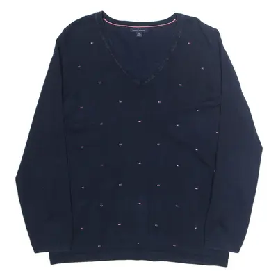 TOMMY HILFIGER Womens Jumper Blue V-Neck Tight Knit XL