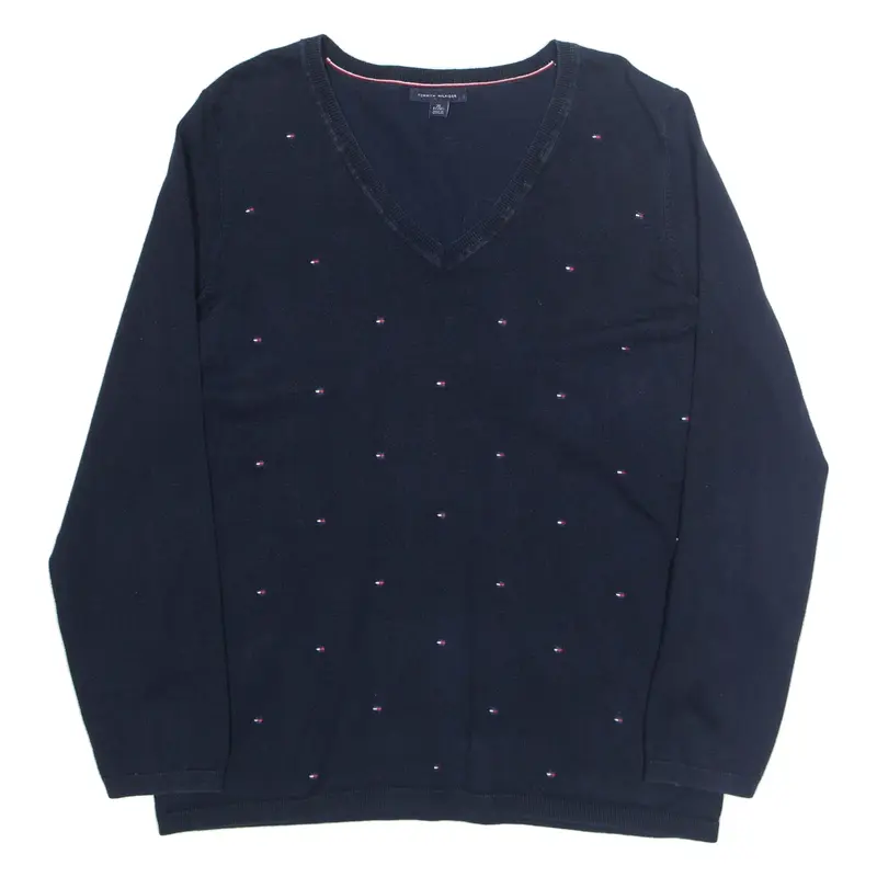 TOMMY HILFIGER Womens Jumper Blue V-Neck Tight Knit XL