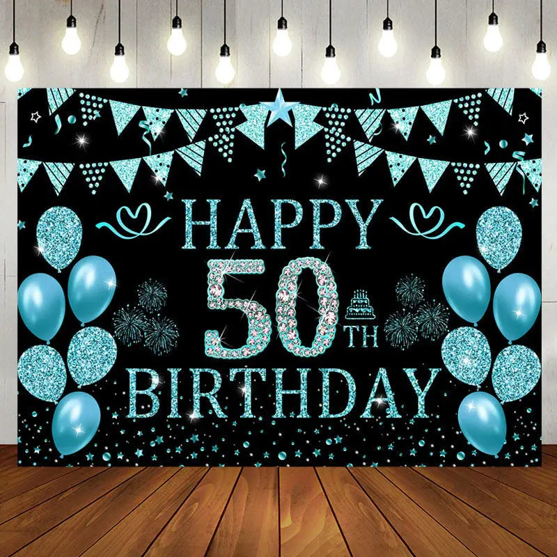 Black Cyan Balloons Glitter 50th Birthday Backdrop - Aperturee