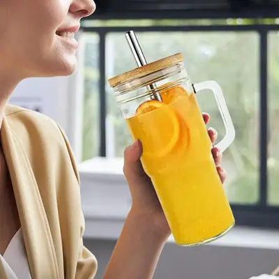Milk Tea Cup with Bamboo Lid & Straw & Straw Brush, 1 Count Large Capacity Glass Cup with Handle, Drinking Cup for Home Offic...