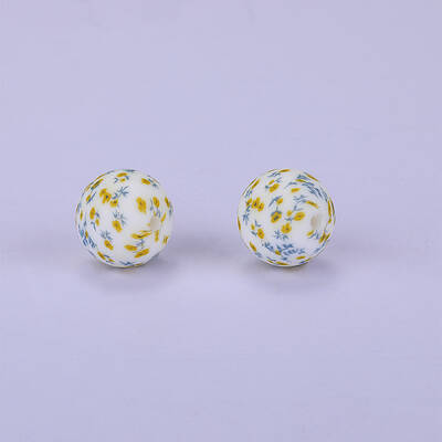 Printed Round with Flower Pattern Silicone Focal Beads