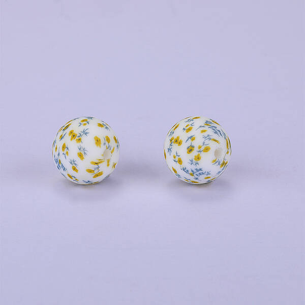Printed Round with Flower Pattern Silicone Focal Beads