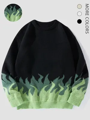 Unisex Men's Fire Print Drop Shoulder Crewneck Sweater, Loose Fit Casual Long Sleeve Round Neck Jumper Knitwear for Fall & Wi...