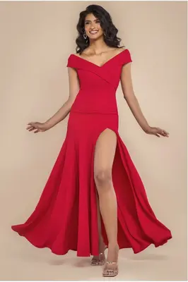 Goddiva Scuba Crepe Off Shoulder Front Split Maxi Dress - Red
