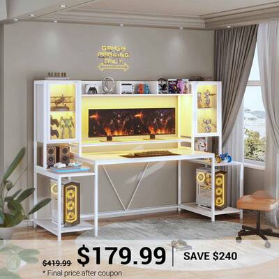 SEDETA ® 74.8 Inch LED Ergonomic Gaming Desk Computer Table with Hutch and Storage Shelves White Home Office Furniture