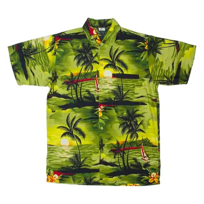 RIMA Mens Hawaiian Shirt Green Faux Silk Floral S